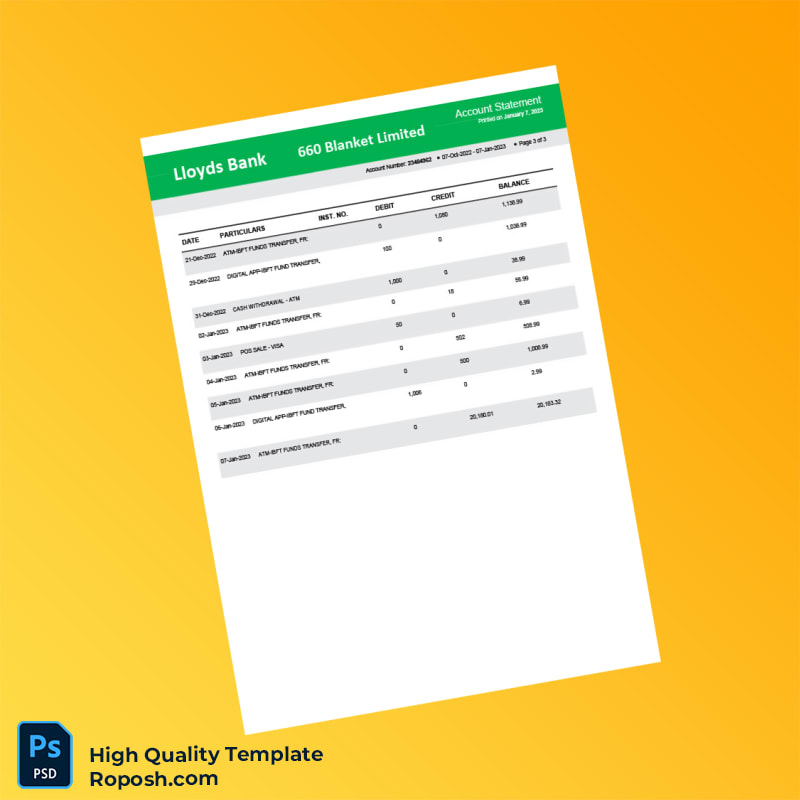 UK Lloyds Bank Bank Statement Template in Word and PDF formats 3 page UK Lloyds Bank Bank Statement Template in Word and PDF formats 3 page