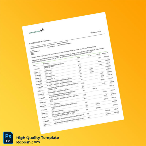 UK Lloyds Bank Business Account Statement Template in Word and PDF formats 2 page