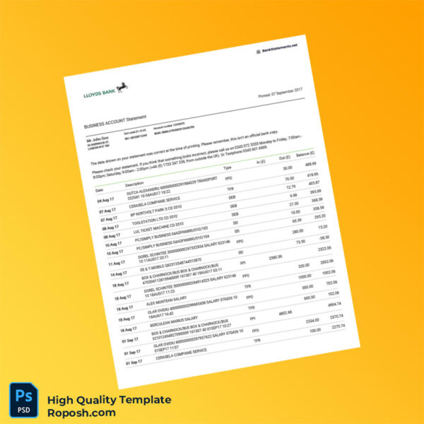 UK Lloyds Bank Business Bank Statement Template in Word and PDF formats 2 page