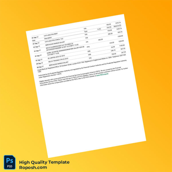 UK Lloyds Bank Business Bank Statement Template in Word and PDF formats 2 page