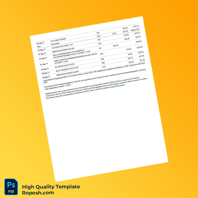 UK Lloyds Bank Business Bank Statement Template in Word and PDF formats 2 page UK Lloyds Bank Business Bank Statement Template in Word and PDF formats 2 page