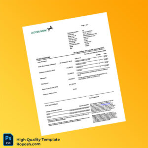 UK Lloyds Bank Statement Template in Word and PDF formats 2 page