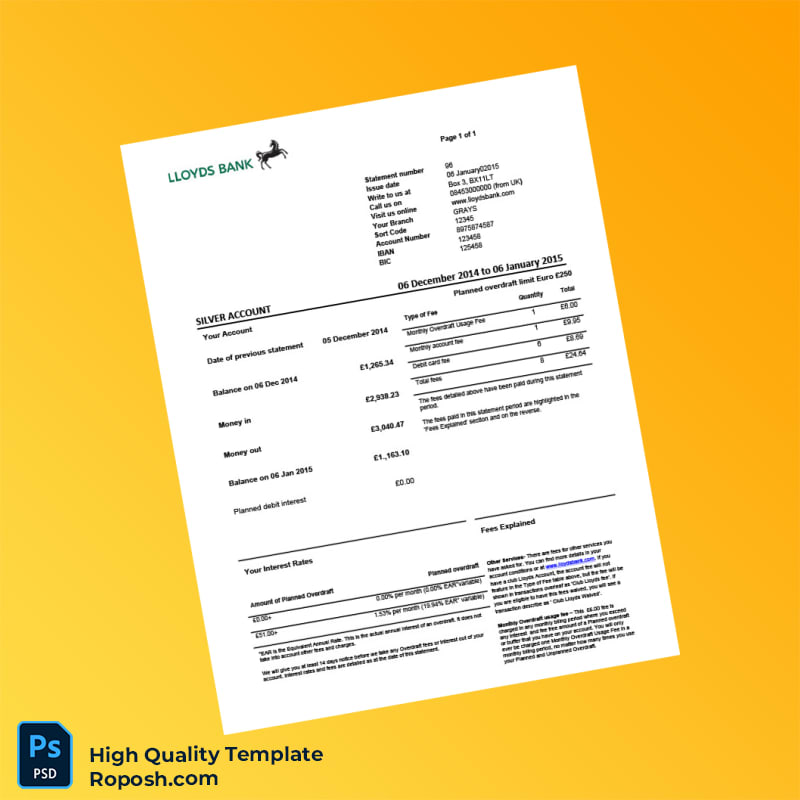 UK Lloyds Bank Statement Template in Word and PDF formats 2 page UK Lloyds Bank Statement Template in Word and PDF formats 2 page