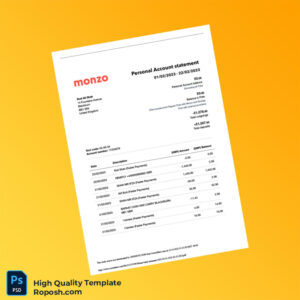 UK Monzo Bank Statement Template in Word and PDF formats 5 page
