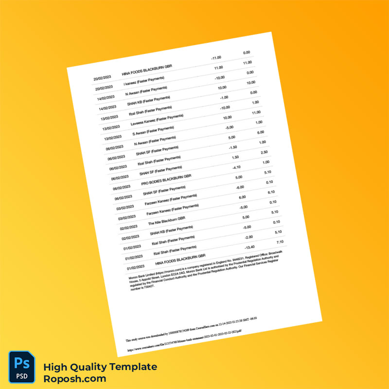 UK Monzo Bank Statement Template in Word and PDF formats 5 page UK Monzo Bank Statement Template in Word and PDF formats 5 page