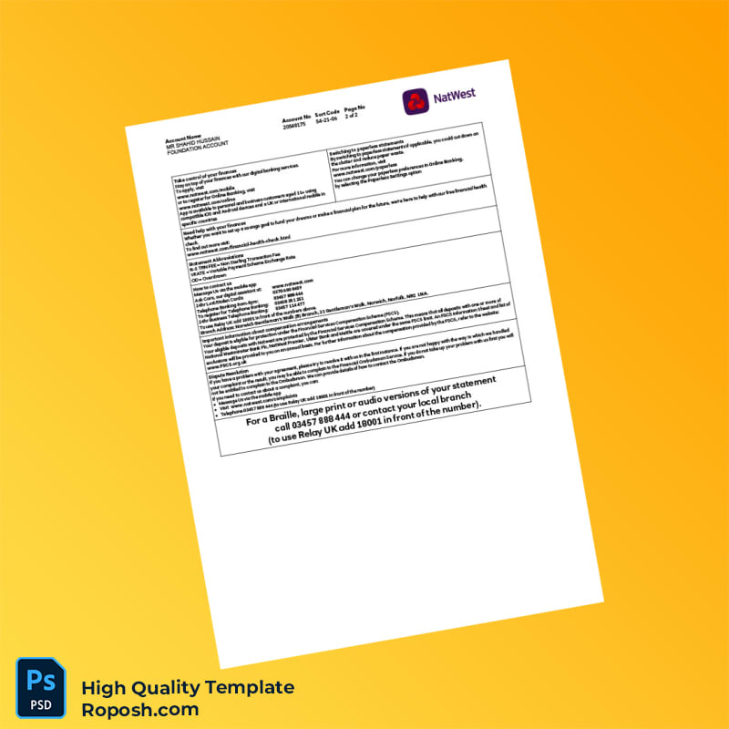 UK NatWest Bank Statement Template in Word and PDF formats 2 page UK NatWest Bank Statement Template in Word and PDF formats 2 page