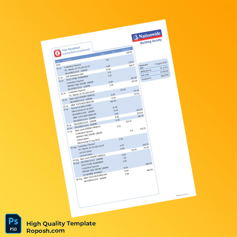 UK Nationwide Bank Statement Template in Word and PDF formats 5 page UK Nationwide Bank Statement Template in Word and PDF formats 5 page