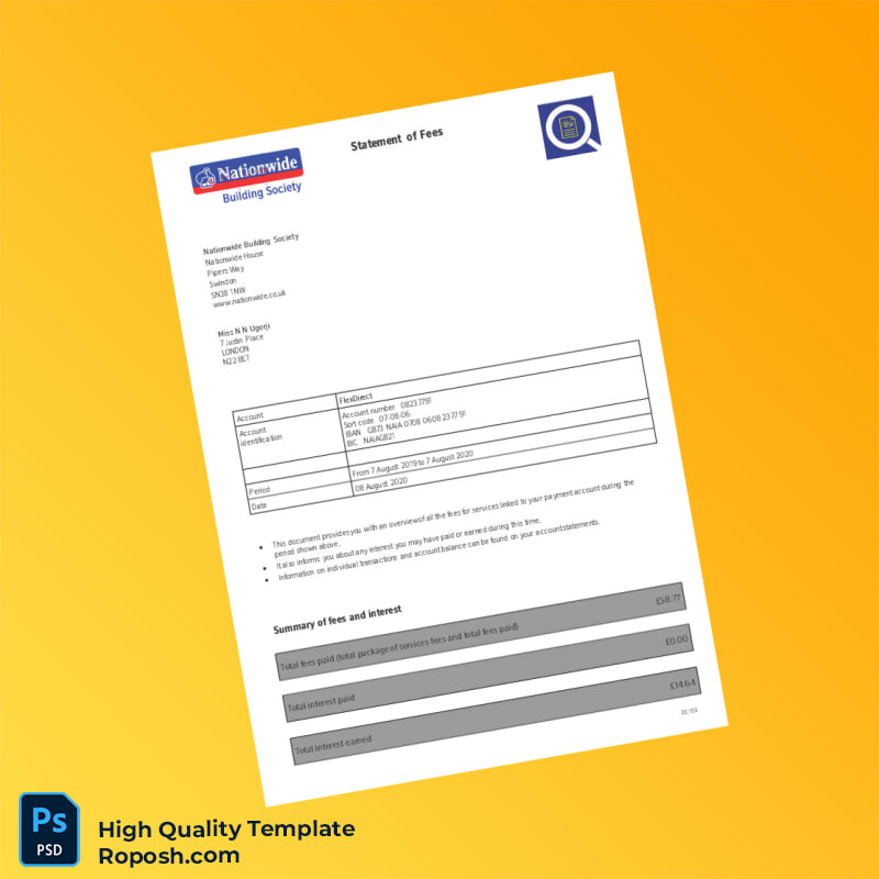 UK Nationwide Bank Statement Template in Word and PDF formats 5 page UK Nationwide Bank Statement Template in Word and PDF formats 5 page