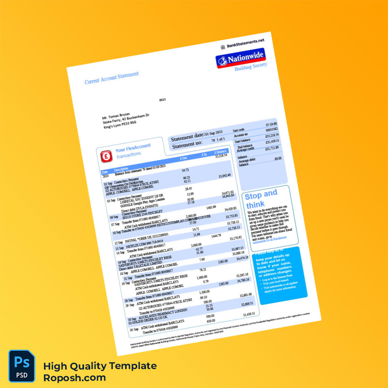 UK Nationwide Building Society Bank Statement Template in Word and PDF formats 2 page UK Nationwide Building Society Bank Statement Template in Word and PDF formats 2 page