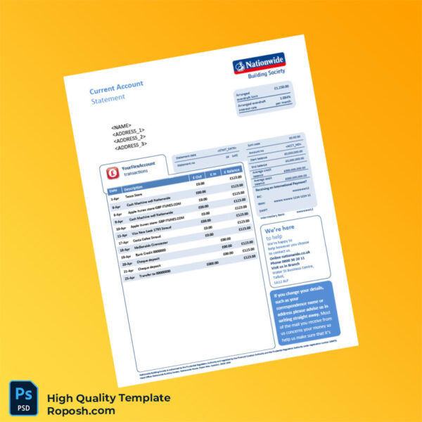 UK Nationwide Current Account Statement Template in Word and PDF formats