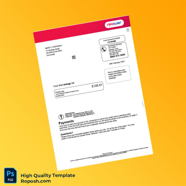 UK npower Editable Energy Bill Template in Word and PDF formats