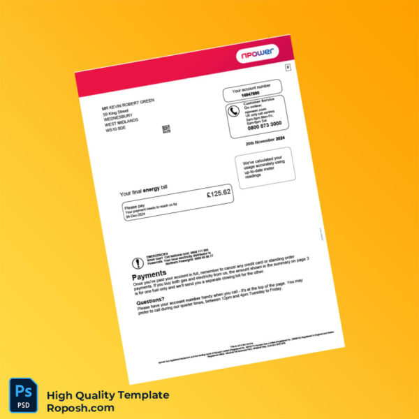 UK Npower Editable Energy Bill Template in Word and PDF formats 5 page