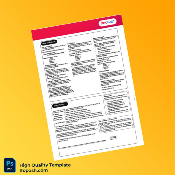 UK Npower Editable Energy Bill Template in Word and PDF formats 5 page