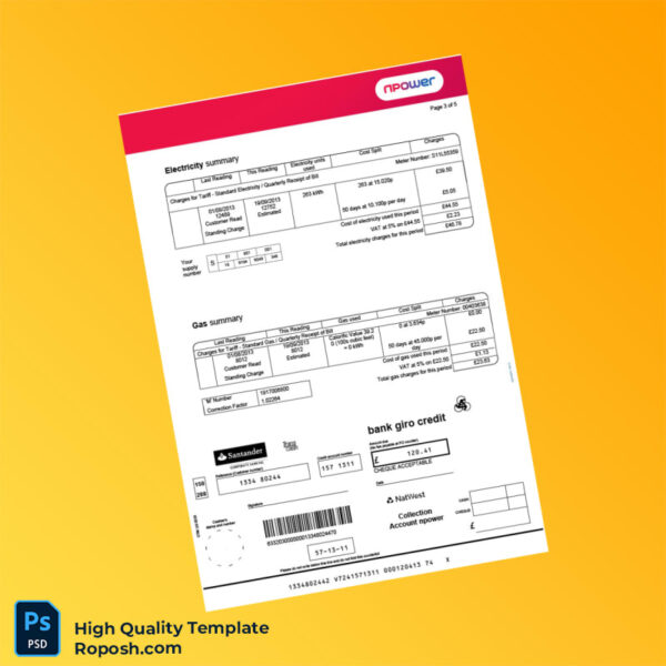 UK Npower Editable Energy Bill Template in Word and PDF formats 5 page