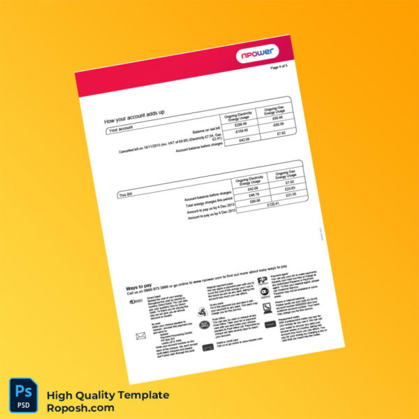 UK Npower Editable Energy Bill Template in Word and PDF formats 5 page