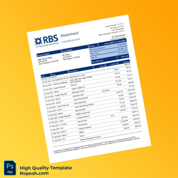 UK RBS Bank Statement Template in Word and PDF formats