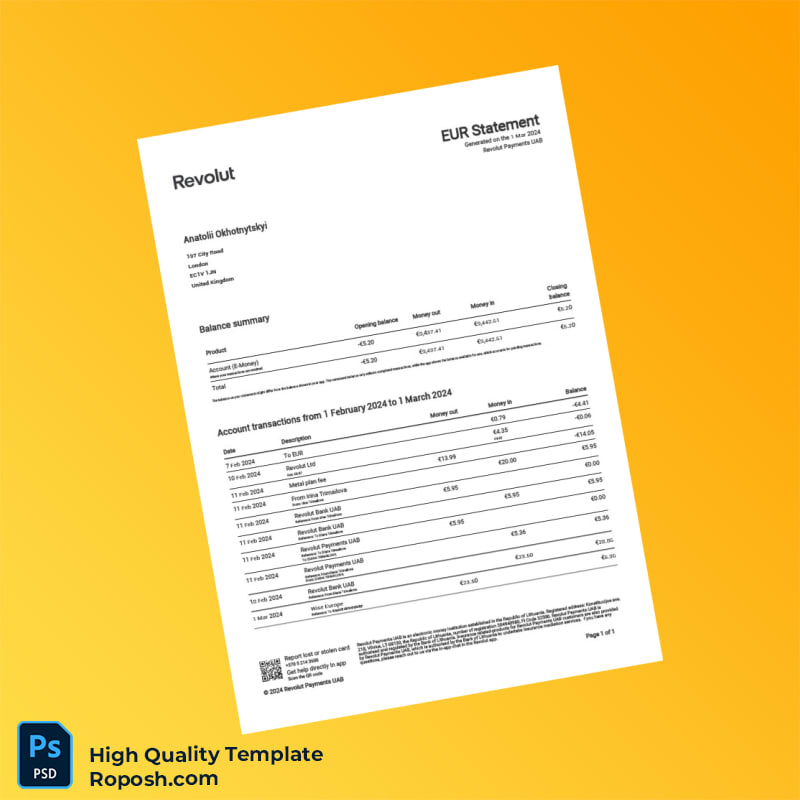 UK Revolut Payments UAB Bank Statement Template in Word and PDF formats UK Revolut Payments UAB Bank Statement Template in Word and PDF formats