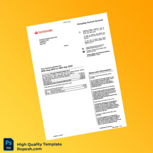 UK Santander Bank Statement Template in Word and PDF formats 2 page