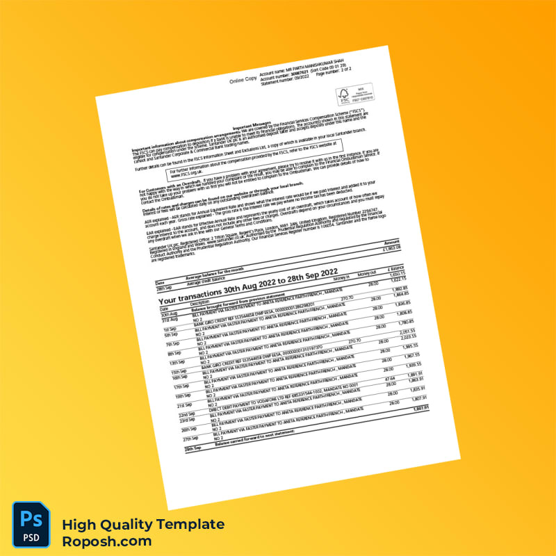 UK Santander Bank Statement Template in Word and PDF formats 2 page UK Santander Bank Statement Template in Word and PDF formats 2 page