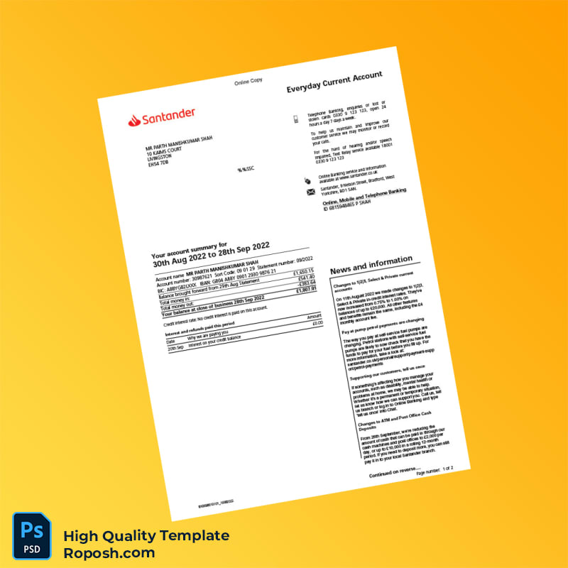UK Santander Bank Statement Template in Word and PDF formats 2 page UK Santander Bank Statement Template in Word and PDF formats 2 page