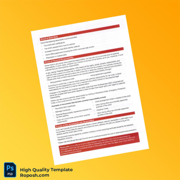 UK Slough Borough Council Editable Supporting Documentation in Year Admissions Template in Word and PDF formats 2 page