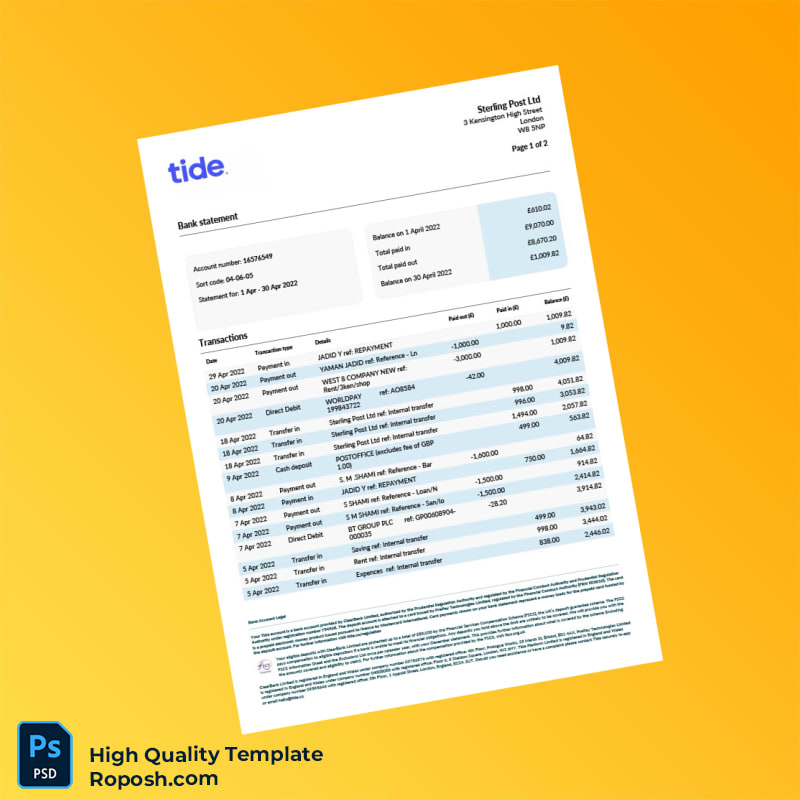UK Sterling Post Ltd Bank Statement Template in Word and PDF formats 2 page UK Sterling Post Ltd Bank Statement Template in Word and PDF formats 2 page