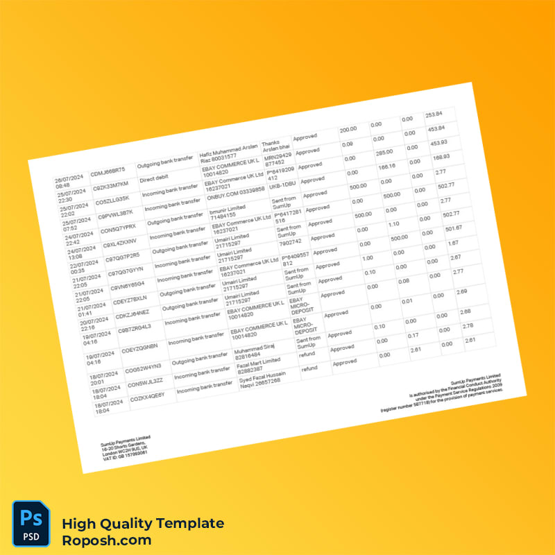 UK SumUp Account Statement Template in Word and PDF formats 2 page UK SumUp Account Statement Template in Word and PDF formats 2 page
