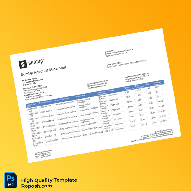 UK SumUp Account Statement Template in Word and PDF formats 2 page UK SumUp Account Statement Template in Word and PDF formats 2 page
