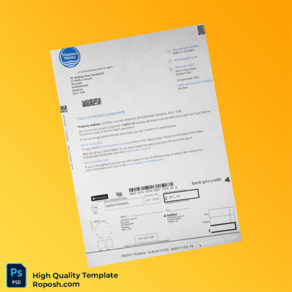 UK Thames Water Editable Utility Bill Template in Word and PDF formats