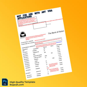UK The Bank of Aston Bank Statement Template in Word and PDF formats 2 page UK The Bank of Aston Bank Statement Template in Word and PDF formats 2 page