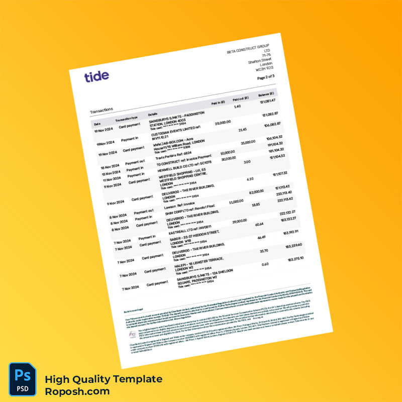 UK Tide Bank Statement Template in Word and PDF formats 3 page UK Tide Bank Statement Template in Word and PDF formats 3 page