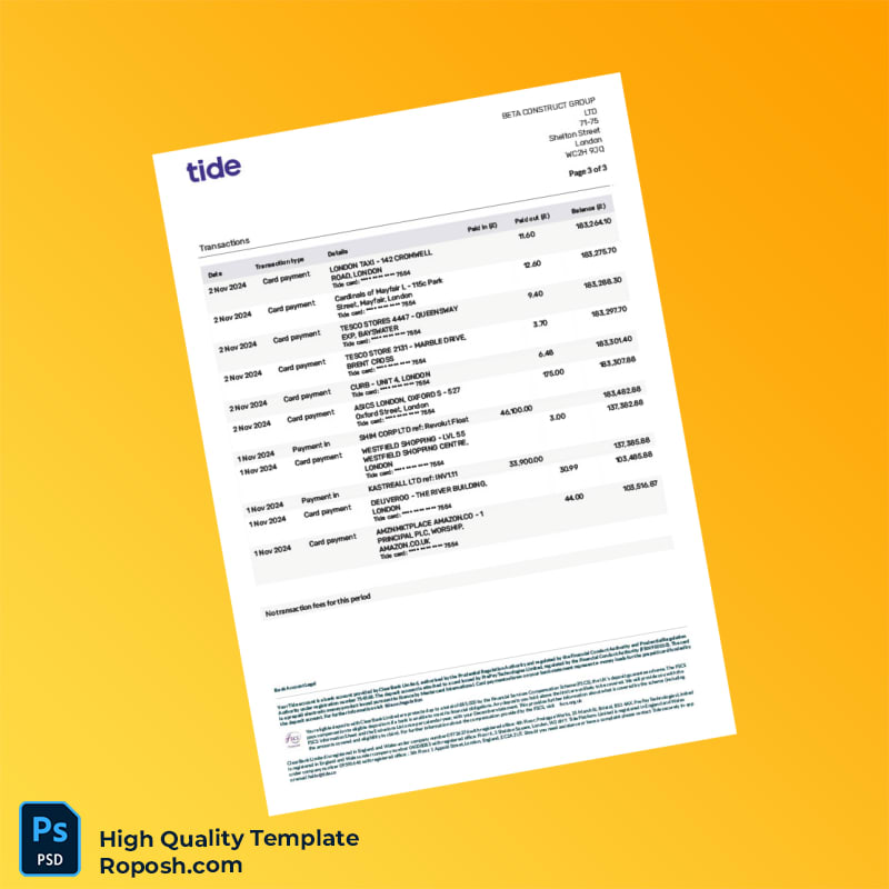 UK Tide Bank Statement Template in Word and PDF formats 3 page UK Tide Bank Statement Template in Word and PDF formats 3 page
