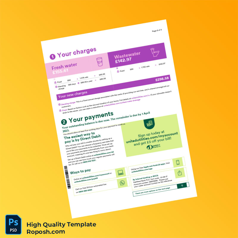 UK United Utilities Editable Water Bill Template in Word and PDF formats 4 page UK United Utilities Editable Water Bill Template in Word and PDF formats 4 page