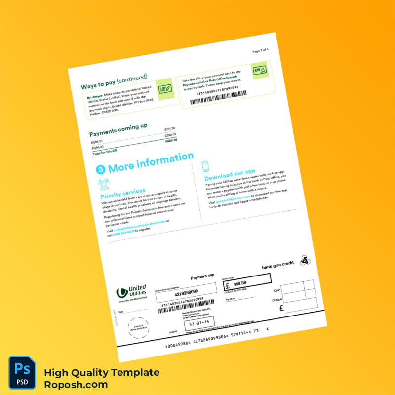 UK United Utilities Editable Water Bill Template in Word and PDF formats 4 page UK United Utilities Editable Water Bill Template in Word and PDF formats 4 page