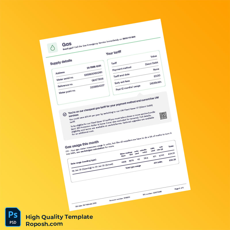 UK Utility Warehouse Editable Utility Bill Template in Word and PDF formats 5 page UK Utility Warehouse Editable Utility Bill Template in Word and PDF formats 5 page