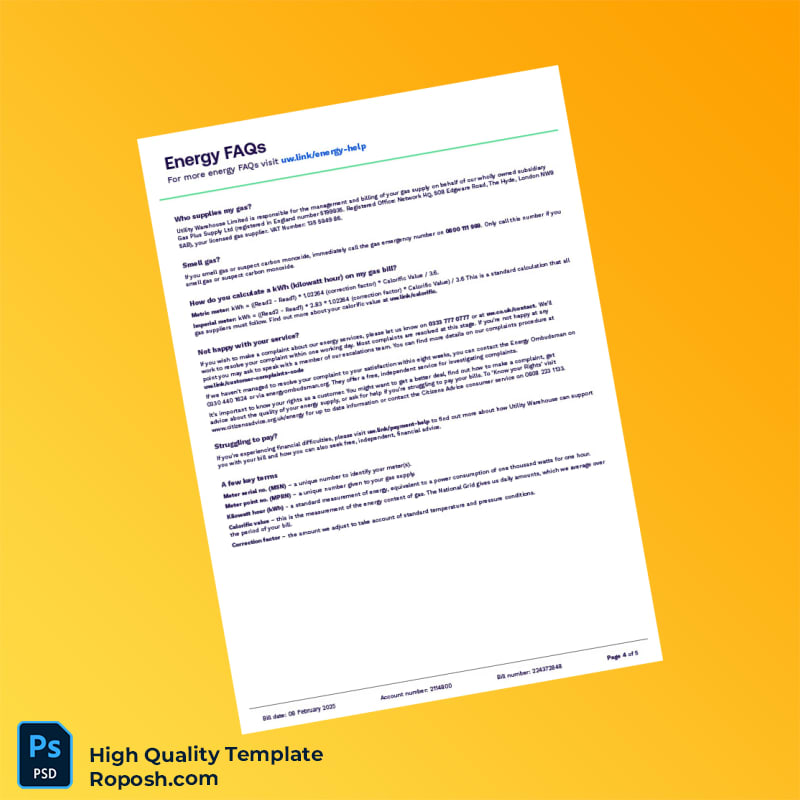 UK Utility Warehouse Editable Utility Bill Template in Word and PDF formats 5 page UK Utility Warehouse Editable Utility Bill Template in Word and PDF formats 5 page