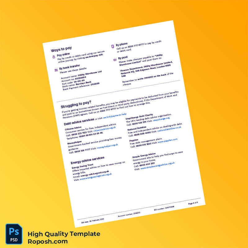 UK Utility Warehouse Editable Utility Bill Template in Word and PDF formats 5 page UK Utility Warehouse Editable Utility Bill Template in Word and PDF formats 5 page