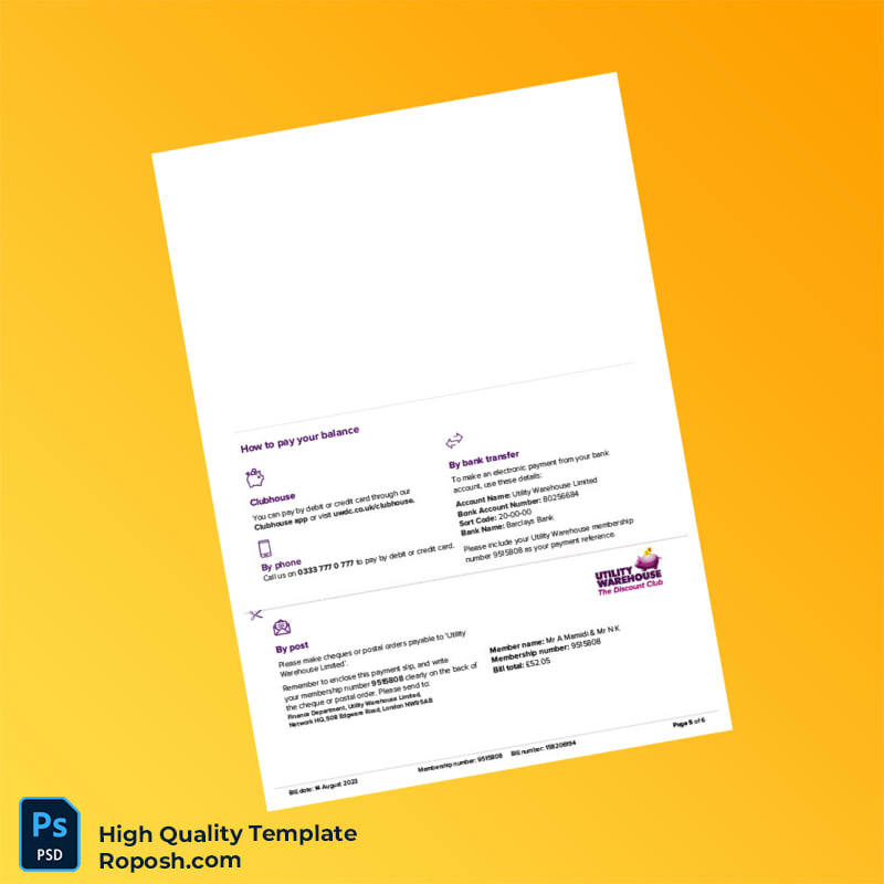 UK Utility Warehouse Ltd Editable Energy Bill Template in Word and PDF formats 6 page UK Utility Warehouse Ltd Editable Energy Bill Template in Word and PDF formats 6 page