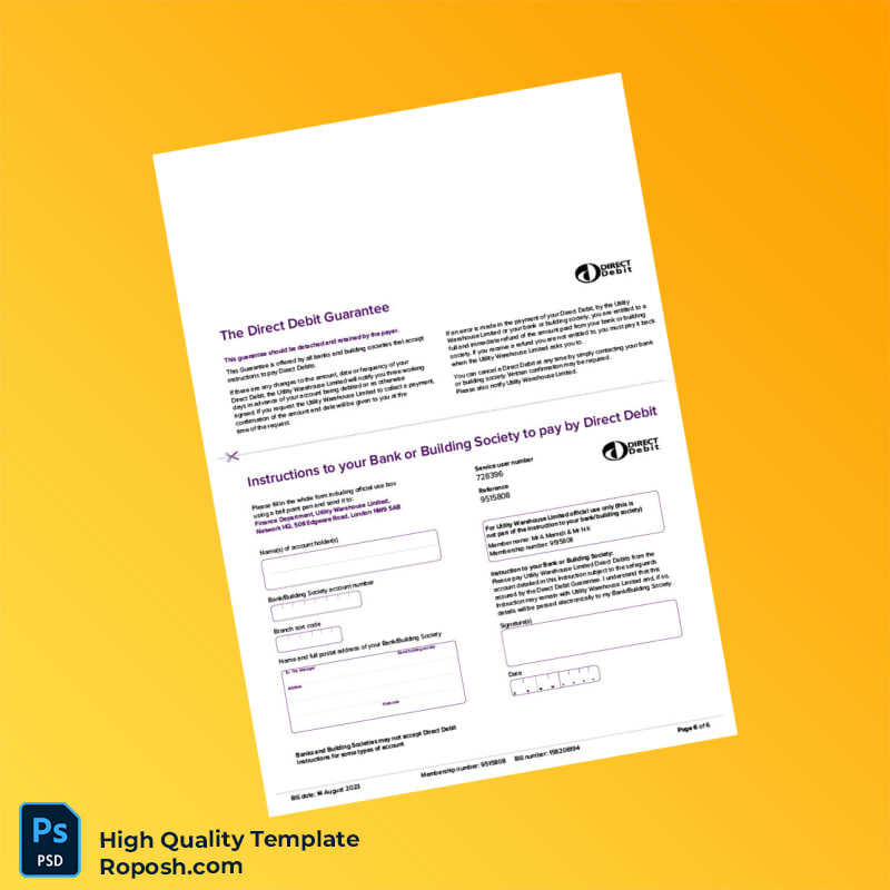 UK Utility Warehouse Ltd Editable Energy Bill Template in Word and PDF formats 6 page UK Utility Warehouse Ltd Editable Energy Bill Template in Word and PDF formats 6 page