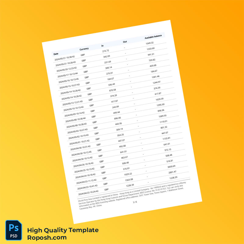 UK WorldFirst Account Statement Template in Word and PDF formats 6 page UK WorldFirst Account Statement Template in Word and PDF formats 6 page
