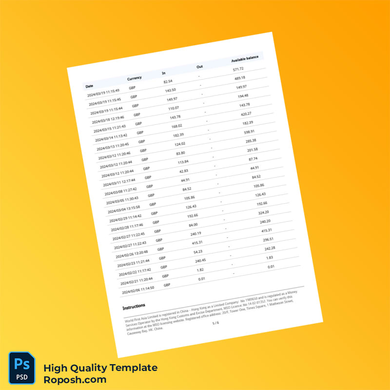UK WorldFirst Account Statement Template in Word and PDF formats 6 page UK WorldFirst Account Statement Template in Word and PDF formats 6 page