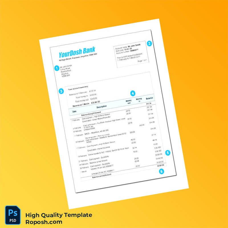 UK YourDash Bank Bank Statement Template in Word and PDF formats UK YourDash Bank Bank Statement Template in Word and PDF formats