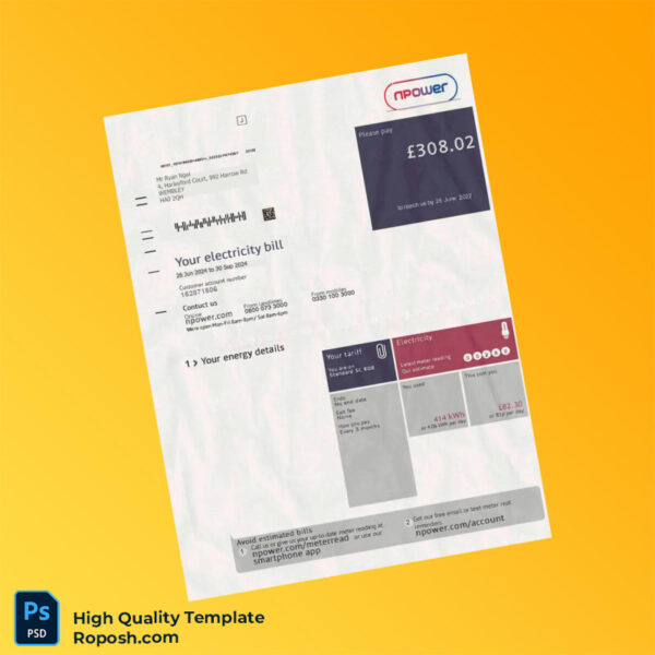 UK npower Editable Electricity Bill Template in Word and PDF formats