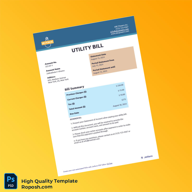 US Editable Utility Bill Template in Word and PDF formats US Editable Utility Bill Template in Word and PDF formats