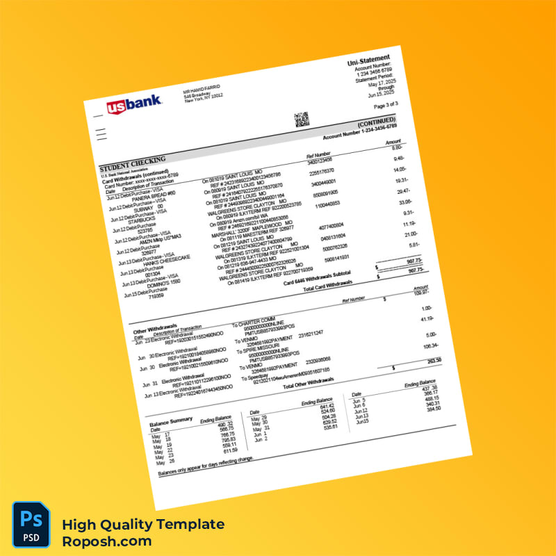 US U S Bank Statement Template in Word and PDF formats 3 page US U S Bank Statement Template in Word and PDF formats 3 page