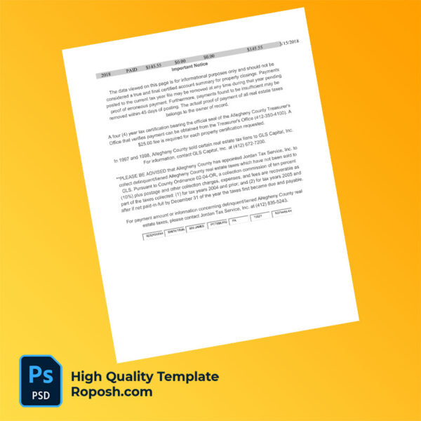 USA Allegheny County Editable Property Tax Bill Template in Word and PDF formats