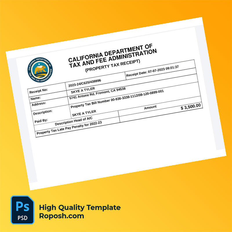 USA California Department of Tax and Fee Administration Editable Property Tax Receipt Template in Word and PDF formats USA California Department of Tax and Fee Administration Editable Property Tax Receipt Template in Word and PDF formats