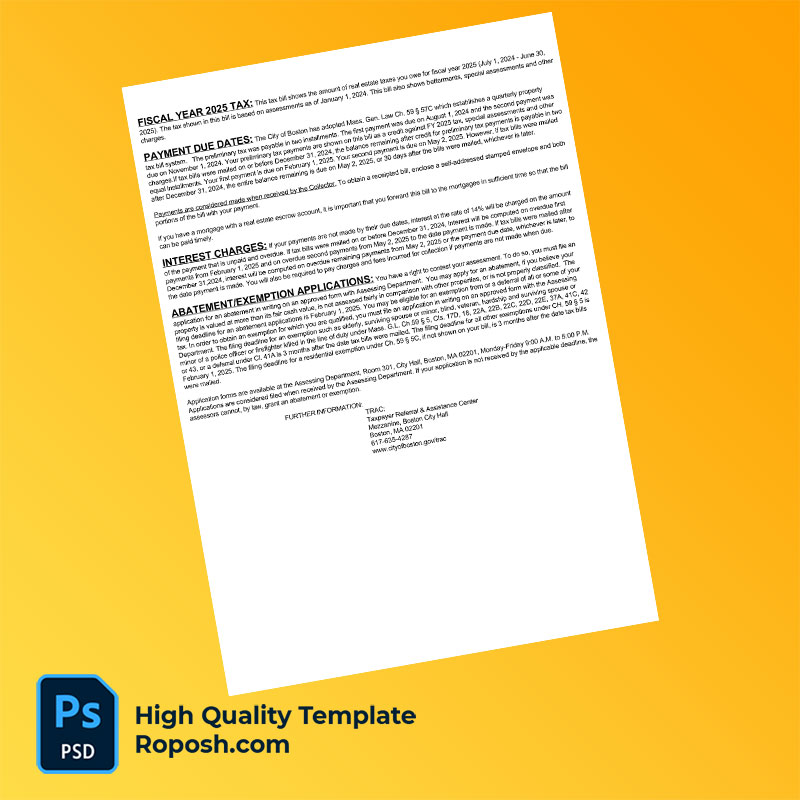 USA City of Boston Editable Real Estate Tax Bill Template in Word and PDF formats USA City of Boston Editable Real Estate Tax Bill Template in Word and PDF formats