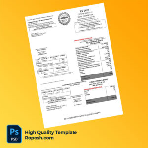 USA City of Boston Editable Real Estate Tax Bill Template in Word and PDF formats