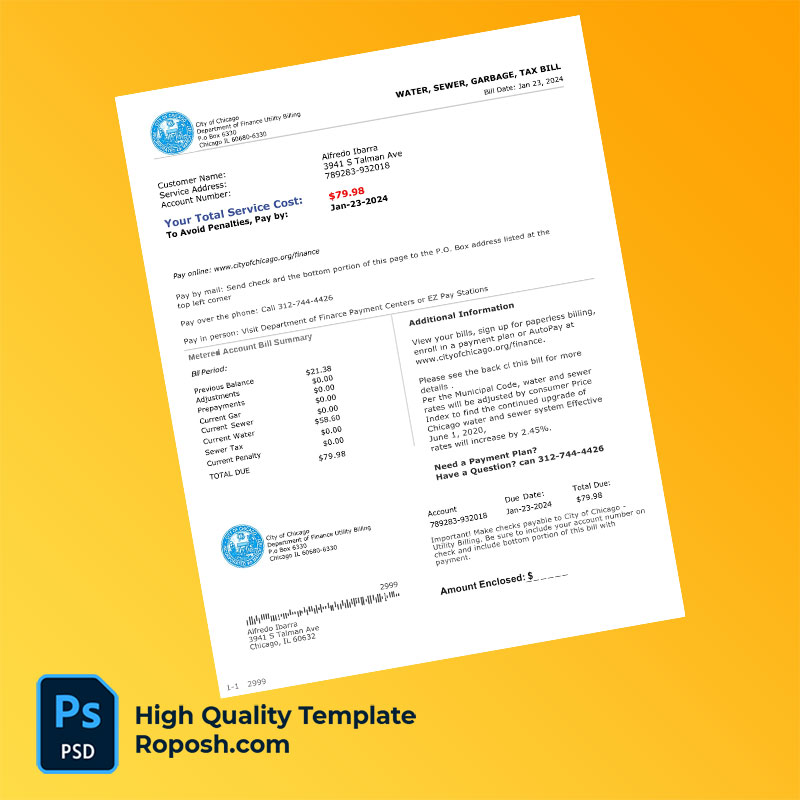 USA City of Chicago Editable Utility Bill Template in Word and PDF formats USA City of Chicago Editable Utility Bill Template in Word and PDF formats